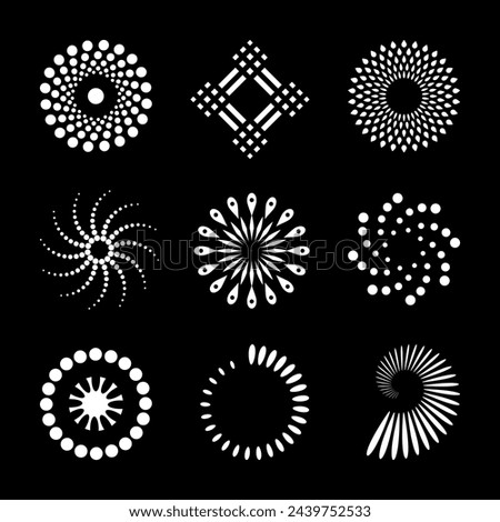 Design Elements Set. Abstract White Icons on Black Background. Vector Art. 