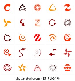 Design elements set. Arrows, spirals, circle and triangle symbols. Abstract icons in warm colors. Vector illustration.