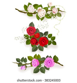 Design elements set: bouquet and branches of roses red, pink and white colors. Flower arrangement with roses and leaves isolated on white.