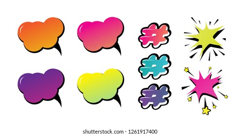 Design elements set in cartoon pop art style. Speech bubbles, Hashtag icon, flash with stars. Comic style. Vector illustration
