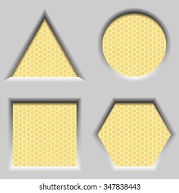 Design elements - set concave geometric 3D frames. Shapes circle, triangle, square, hexagon. All with shadows. Vector illustrations EPS10.