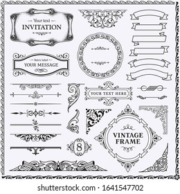 Design elements set, decorative flourish border corner and frame collection for invitation, menu and page decoration