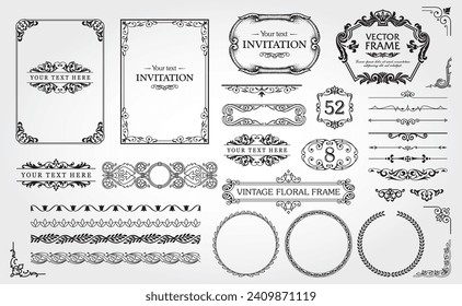 Design elements set, decorative flourish border corner and frame collection for invitation, menu and page decoration