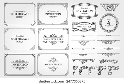 Design elements set, decorative flourish border corner and frame collection for invitation, menu and page decoration