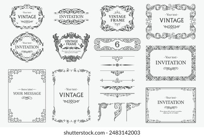 Design elements set, decorative flourish border corner and frame collection for invitation, menu and page decoration