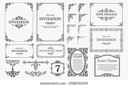 Design elements set, decorative flourish border corner and frame collection for invitation, menu and page decoration