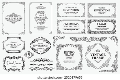 Design elements set, decorative flourish border corner and frame collection for invitation, menu and page decoration