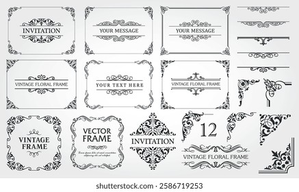 Design elements set, decorative flourish border corner and frame collection for invitation, menu and page decoration