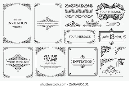 Design elements set, decorative flourish border corner and frame collection for invitation, menu and page decoration