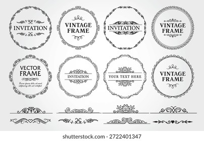 Conjunto de elementos de design, canto de borda floreado decorativo e coleção de quadros para convite, menu e decoração de página