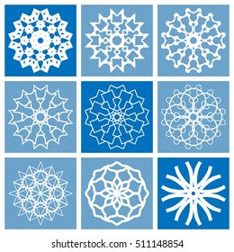 Design elements set. Different round mandala ornaments, logo icon label, business symbols signs collection. Stylized flower, star, snowflake. Abstract geometric shapes, tribal ethnic motif