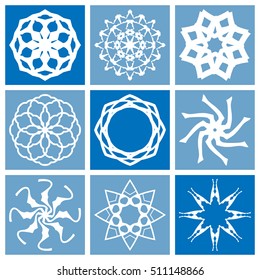 Design elements set. Different round mandala ornaments, logo icon label, business symbols signs collection. Stylized flower, star, snowflake, spiral. Abstract geometric shapes, tribal ethnic motif