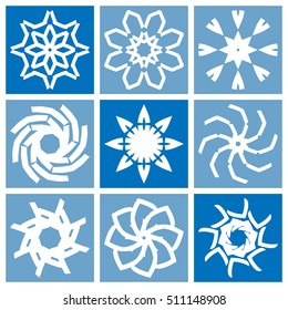 Design elements set. Different round mandala ornaments, logo icon label, business symbols signs collection. Stylized flower, star, snowflake, spiral. Abstract geometric shapes, tribal ethnic motif