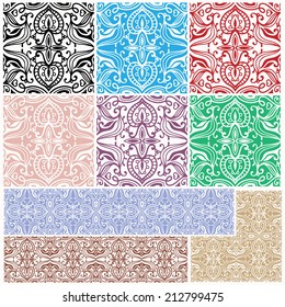 Design elements set, ethnic ornament, colorful abstract decoration, frame, border, corner pattern, lace backgrounds set, vector illustration