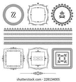 Design elements set. Frames. Borders. Ornamental lines. Items saved in brushes.
