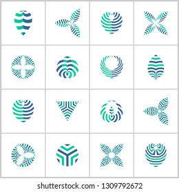 Design elements set. Green and blue striped floral icons. Vector art. 