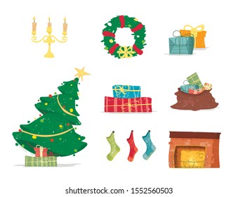 Design Elements Set for Merry Christmas and Happy New Year Greeting Card Isolated. Xmas Tree, Gifts, Spruce, Sack, Burning Fireplace, Socks Wreath, Candles Cartoon Flat Vector Illustration Clip Art