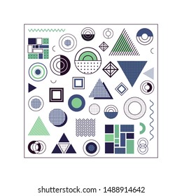 Design elements set with modern  geometrical forms and textures - wave, dotted, striped. Minimalistic shapes - circle, square, triangle. Blue and green colors.
Collection of figures for design ideas.