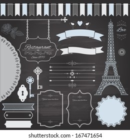 Design elements set on retro chalkboard background - frame, divider, sign board, eiffel tower, ribbon, rose, birds, antique keys, garland, doily. Vector illustration. 