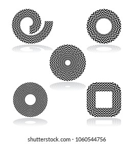 Design elements set. Patterns in circle, spiral and square shape. Vector art.