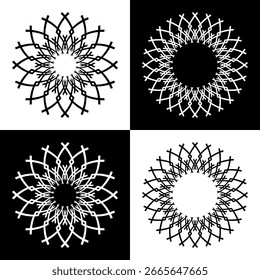 Elementos de design definidos. Padrões radiais geométricos em preto e branco. Arte vetorial.