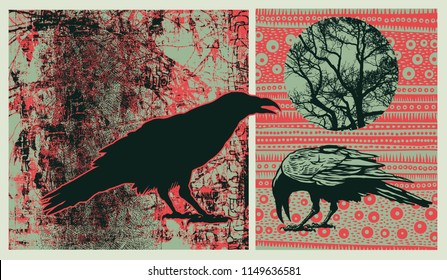 Design Elements Set With Ravens, Silhouette Of Tree And Decorative Backgraunds. Vector Illustration