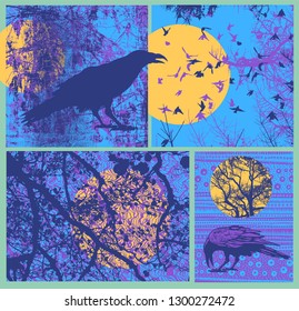 Design Elements Set With Ravens, Silhouette Of Tree And Decorative Backgrounds. Vector Illustration