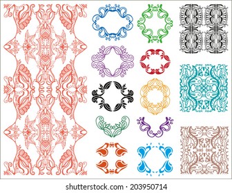 Design elements set, retro floral and geometric ornaments, colorful abstract decoration, white lace doily, frame, border, hand drawn detailed backgrounds, isolated on white