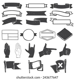 Design elements set: ribbons, frames, flags, hands. Vector graphic set.