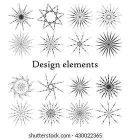 Design elements set, stars and snowflakes. Set of 16 elements. Vector. On a white background.