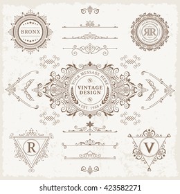 Design elements set. Vector calligraphic logo template. Luxury retro label. Vintage monogram.