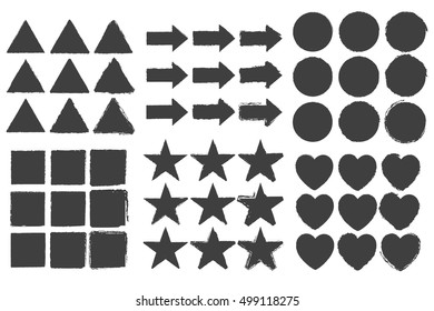 Design elements shapes icon set. grunge texture vector illustration. isolated black stamps with dirty strokes. designer collection for logo, decoration