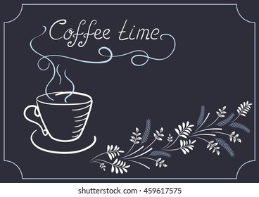 Design elements signboard for cafe or restaurant with corner ornament, coffee cup and headline in style hand drawing and handwriting