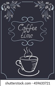 Design elements signboard for cafe or restaurant with corner ornament, coffee cup and headline in style hand drawing and handwriting