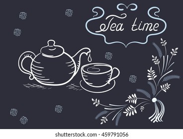 Design elements signboard for cafe or restaurant with corner ornament, tea cup, kettle and headline in style hand drawing and handwriting