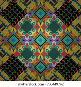 Design elements. Sketch in black, green and yellow colors. Abstract mosaic vector background. Geometric seamless pattern.