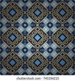 Design elements. Sketch in brown, beige and blue colors. Abstract mosaic vector background. Geometric seamless pattern.