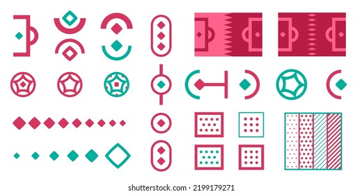 Gestaltungselemente für Sportveranstaltungen, Turniereinladungen, Tassen oder Meisterschaften. Layout-Design-Vorlage mit geometrischen Formen. Katar 2022. Symbole einzeln auf weißem Hintergrund. Vektorgrafik