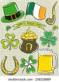 Design elements for  St Patricks Day, shamrock, horseshoe, beer, pipe, hat,  Irish flag,  pot