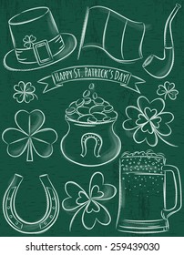 Design elements for  St Patricks Day, shamrock, horseshoe, beer, pipe, hat,  Irish flag,  pot