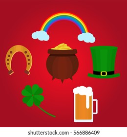 Design elements for St. Patricks Day with shamrock, green hat, beer and pot with coins. Vector. Flat. Could be used for St. Patricks Day cards, invitations.