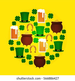 Design elements for St. Patricks Day with shamrock, green hat, beer and pot with coins. Vector. Flat. Could be used for St. Patricks Day cards, invitations.