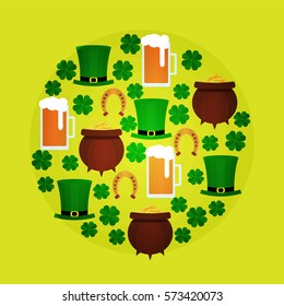 Design elements for St. Patrick`s Day with shamrock, green hat, horseshoe, beer and pot with coins. Vector. Flat. Could be used for St. Patrick`s Day cards, invitations.