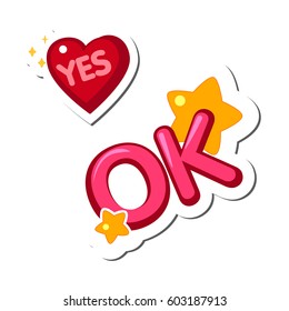 Design elements, stickers, heart with the word Yes and the inscription Ok. on a white background