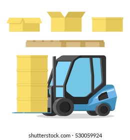 Design elements for storage and delivery with forklift, cardboard box (open close cap), wooden pallet. 3d Flat vector illustration