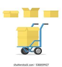 Design elements for storage and delivery with trolley on wheels, cardboard box (open close cap). 3d Flat vector illustration