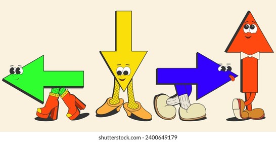 Design elements in the style of New Brutalism. Bright cartoon arrows, pointers with black, hard shadow, isolated on a white background.For the design of posters,websites,social networks, prints.Vector