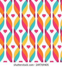 Design elements - tangled colorful waves and small pink hearts. Seamless background. Vector illustration.