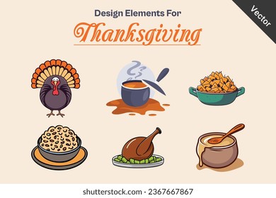 Elementos de diseño para Acción de Gracias, Iconos vectores de Turquía, jabón, queso y gravidez.