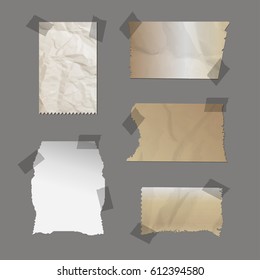 design elements, torn paper with transparent sellotape. Adhesive tape transparent realistic. Vector illustration